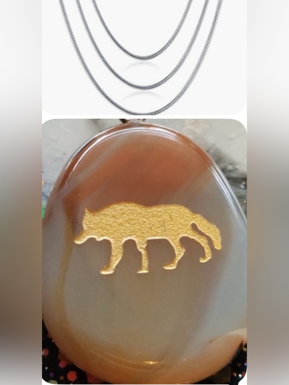 Necklace Wolf gold-embossed Agate Polished stone pendant .925 Sterling sp chain